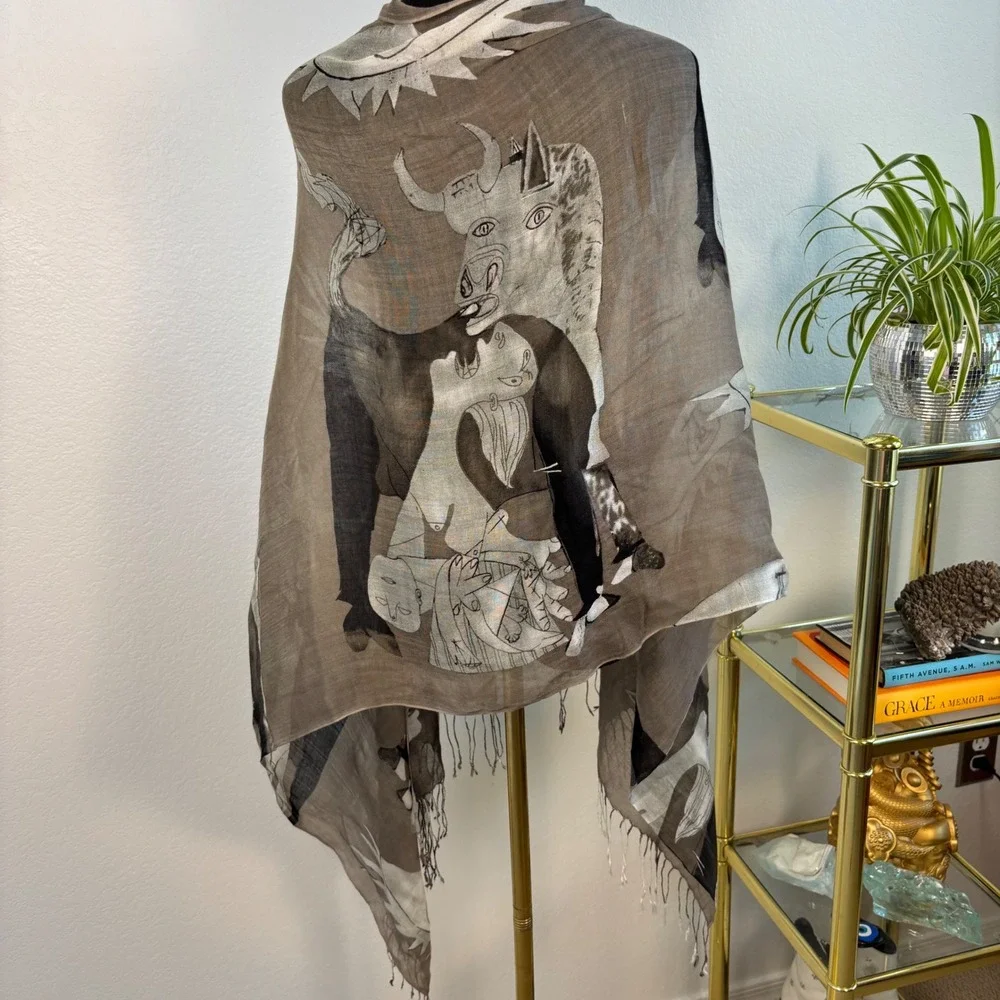 Picasso Guernica Print Scarf, Taupe Black Oversized Rectangle Silk Cotton Blend